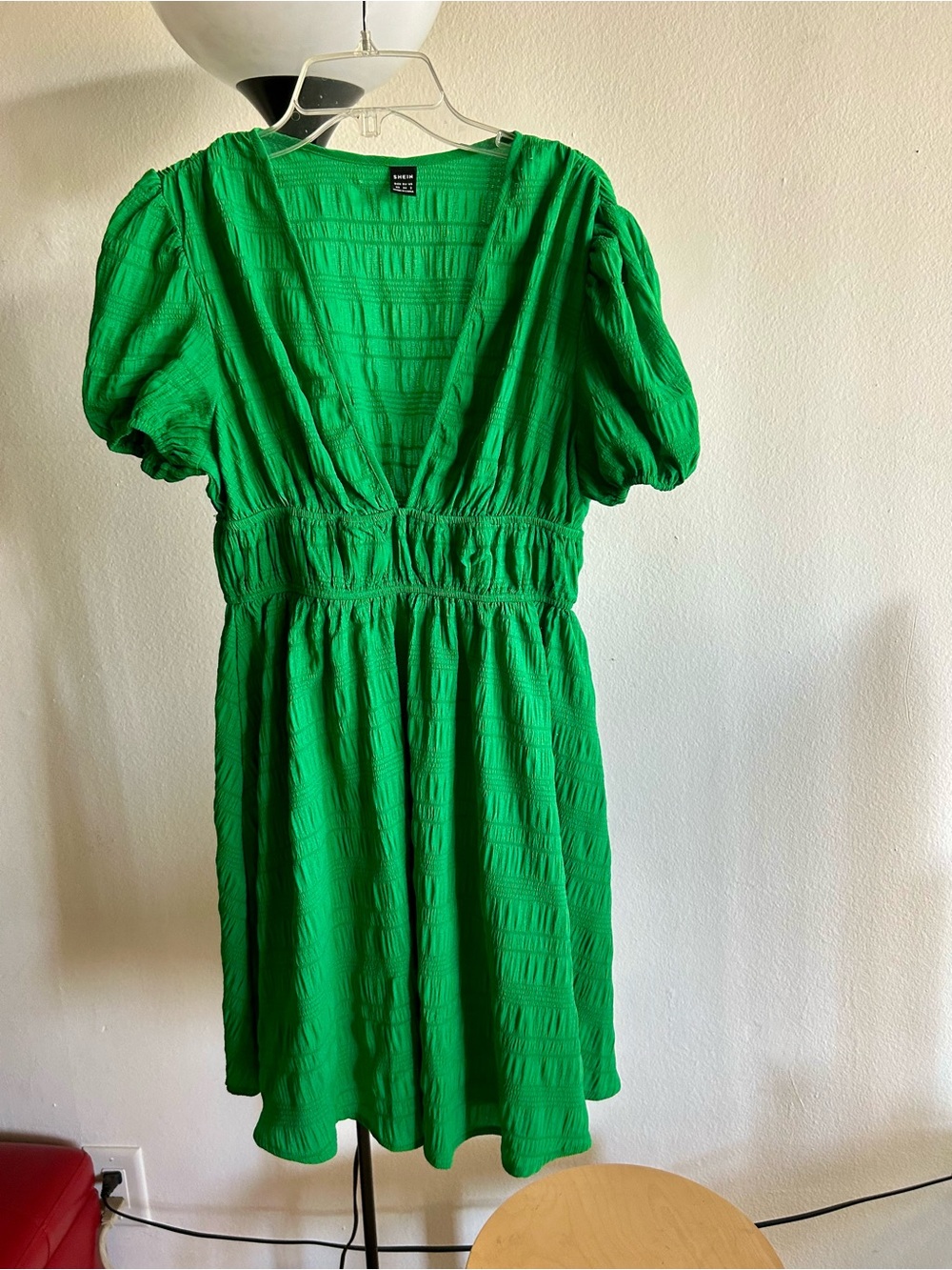 SHEIN Bright Green Puff-Sleeve V-Neck Mini Dress